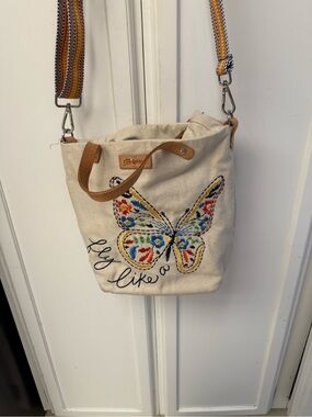 Brighton Cream Canvas Crossbody Bag with Multicolor Embroidered Butterfly